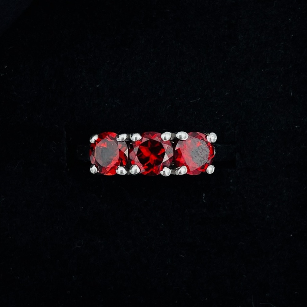 925 Silver Triple Round Cut Ruby Ring, Size 8